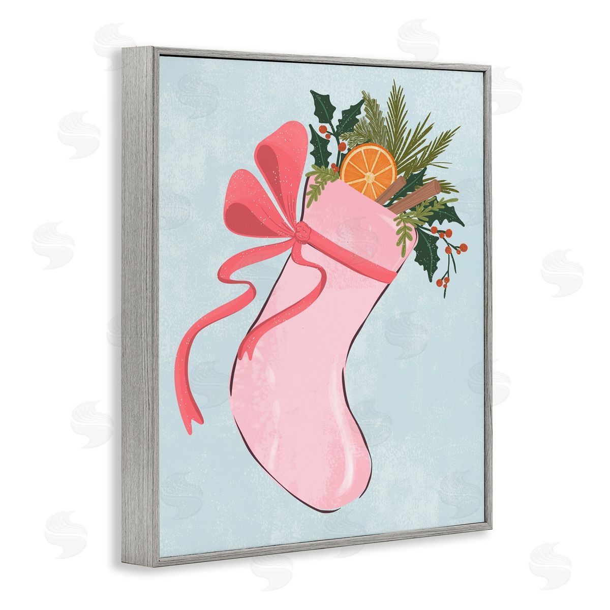 Pink Filled Holiday Stocking Grey Frame Print Wall Art, Home Decor by Nikita Jariwala