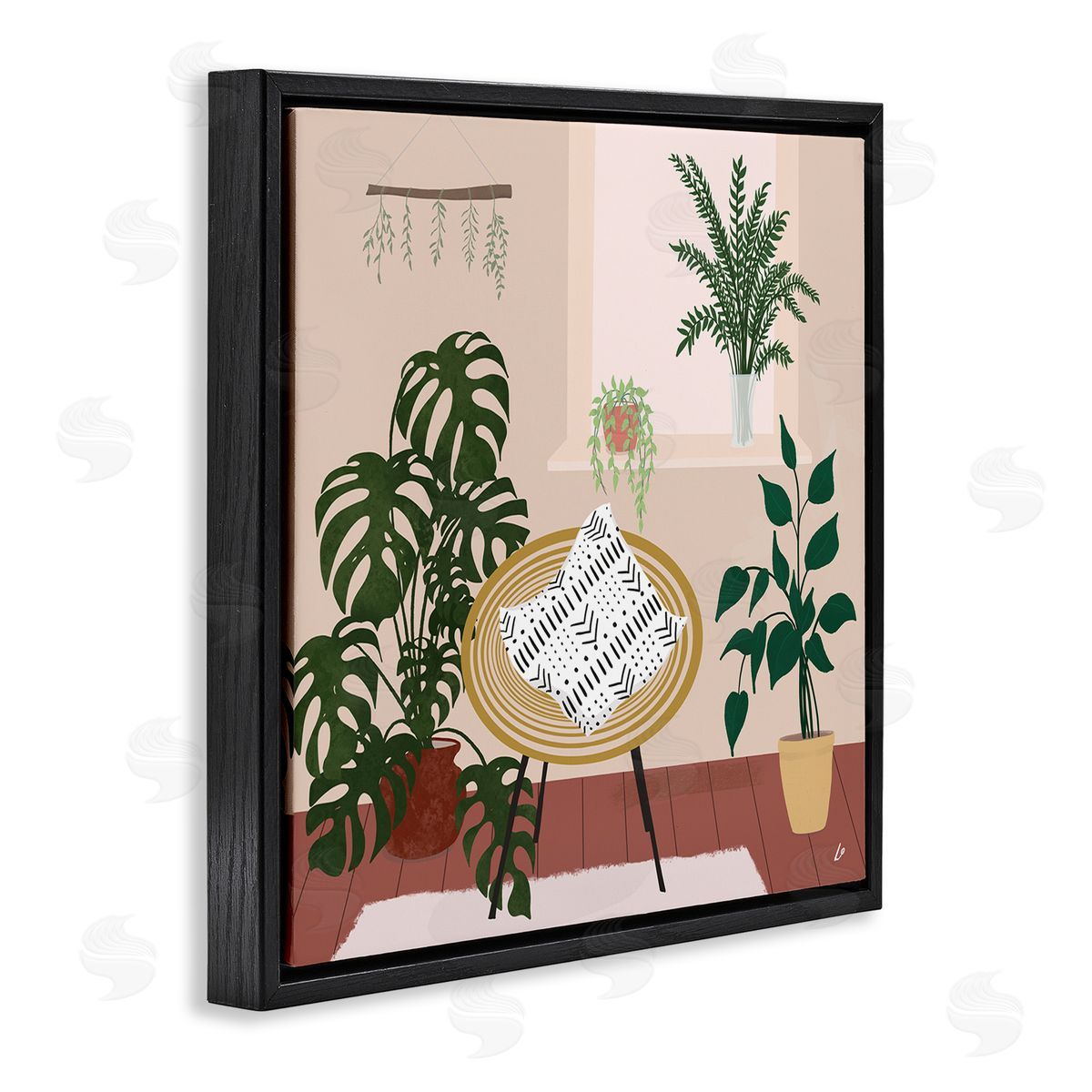Plant Filled Boho Space Black Floating Frame Canvas Wall Art, Home Decor by Lydia Orange