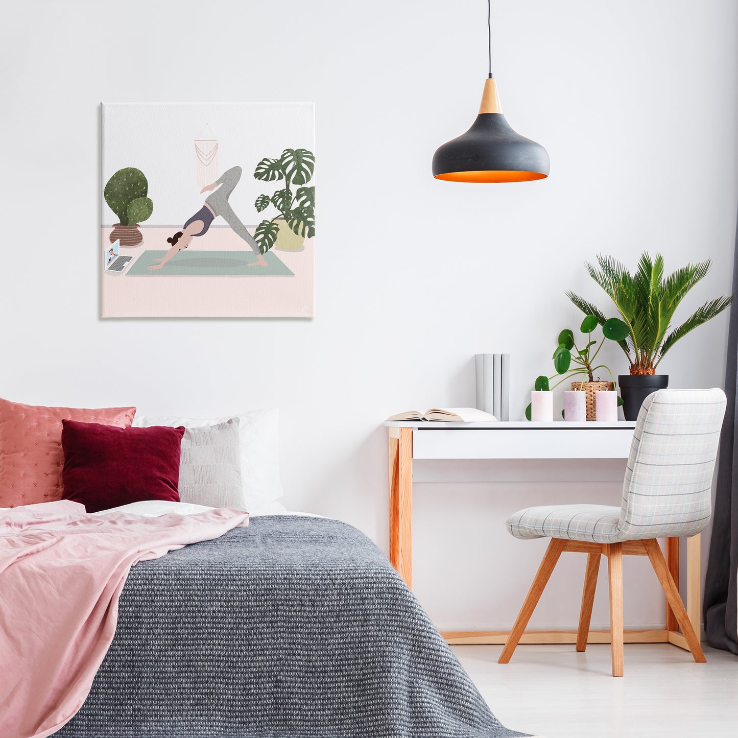 Yoga Stretches with Plants Canvas Wall Art in Room, Home Decor by Lydia Orange