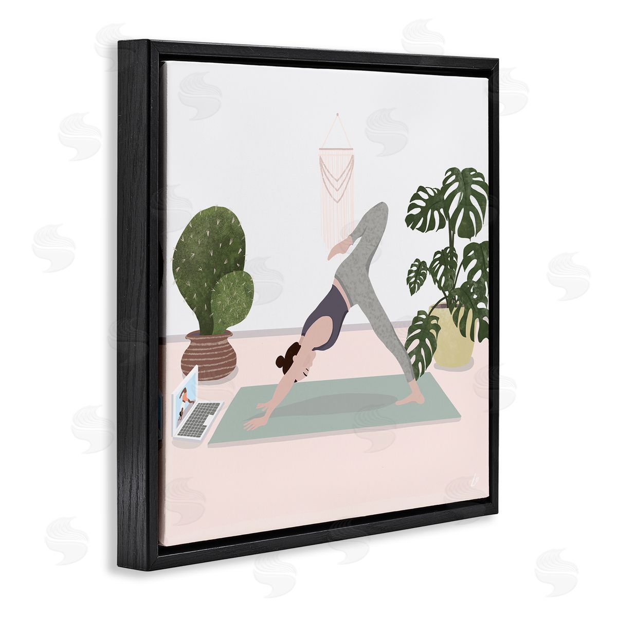 Yoga Stretches with Plants Black Floating Frame Canvas Wall Art, Home Decor by Lydia Orange