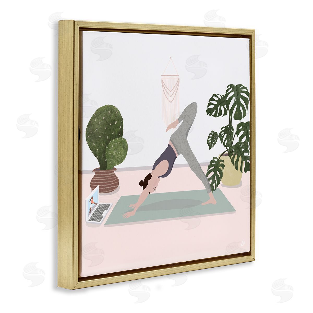 Yoga Stretches with Plants Gold Floating Frame Canvas Wall Art, Home Decor by Lydia Orange