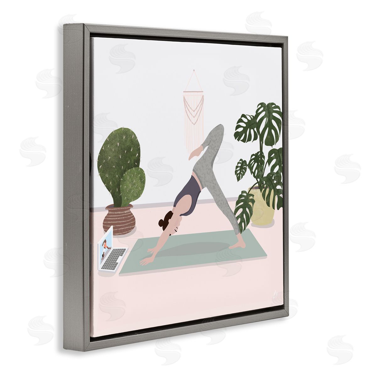 Yoga Stretches with Plants Grey Floating Frame Canvas Wall Art, Home Decor by Lydia Orange