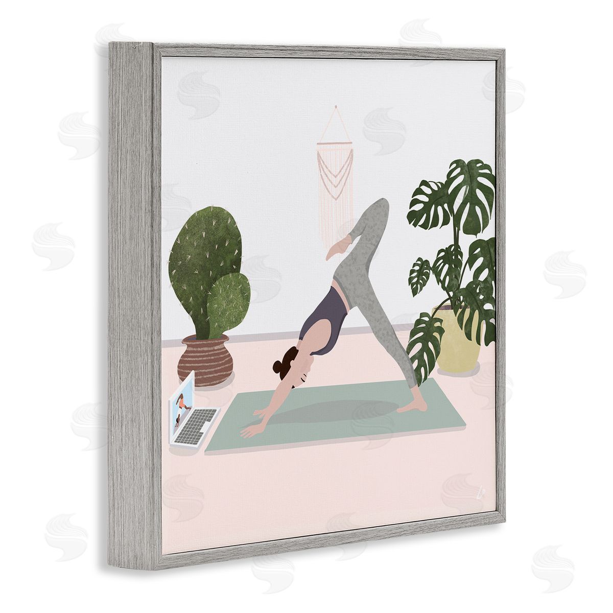 Yoga Stretches with Plants Grey Frame Print Wall Art, Home Decor by Lydia Orange