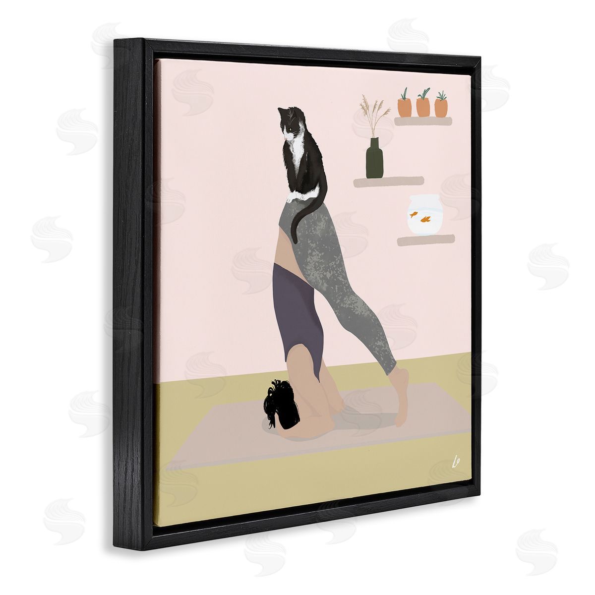 Downward Cat Yoga Pose Black Floating Frame Canvas Wall Art, Home Decor by Lydia Orange