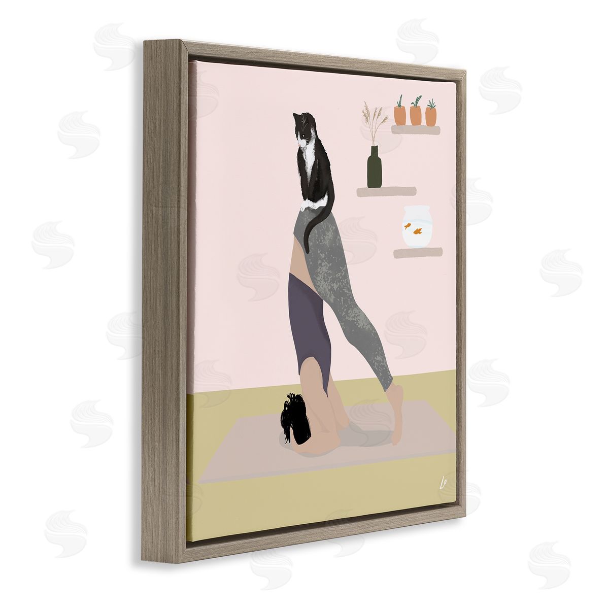 Downward Cat Yoga Pose Brown Floating Frame Canvas Wall Art, Home Decor by Lydia Orange