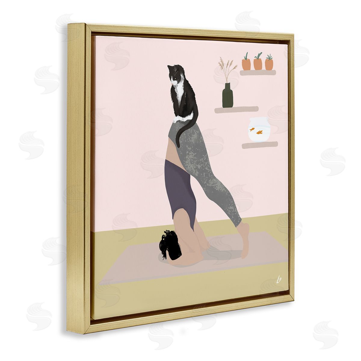 Downward Cat Yoga Pose Gold Floating Frame Canvas Wall Art, Home Decor by Lydia Orange