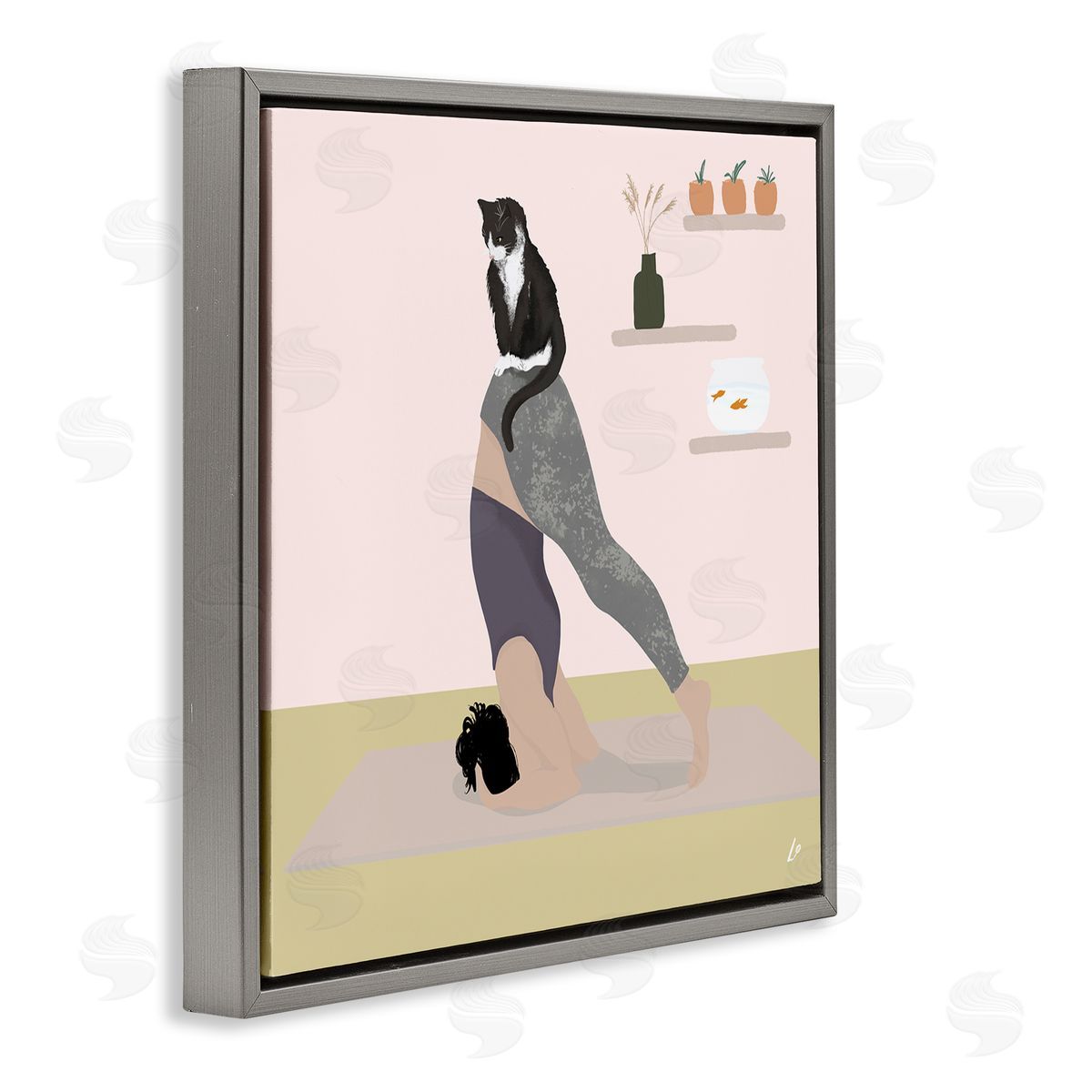 Downward Cat Yoga Pose Grey Floating Frame Canvas Wall Art, Home Decor by Lydia Orange