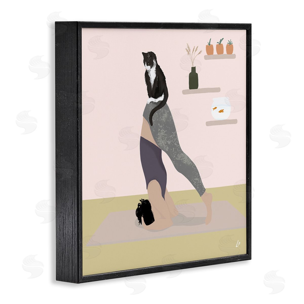 Downward Cat Yoga Pose Black Frame Print Wall Art, Home Decor by Lydia Orange