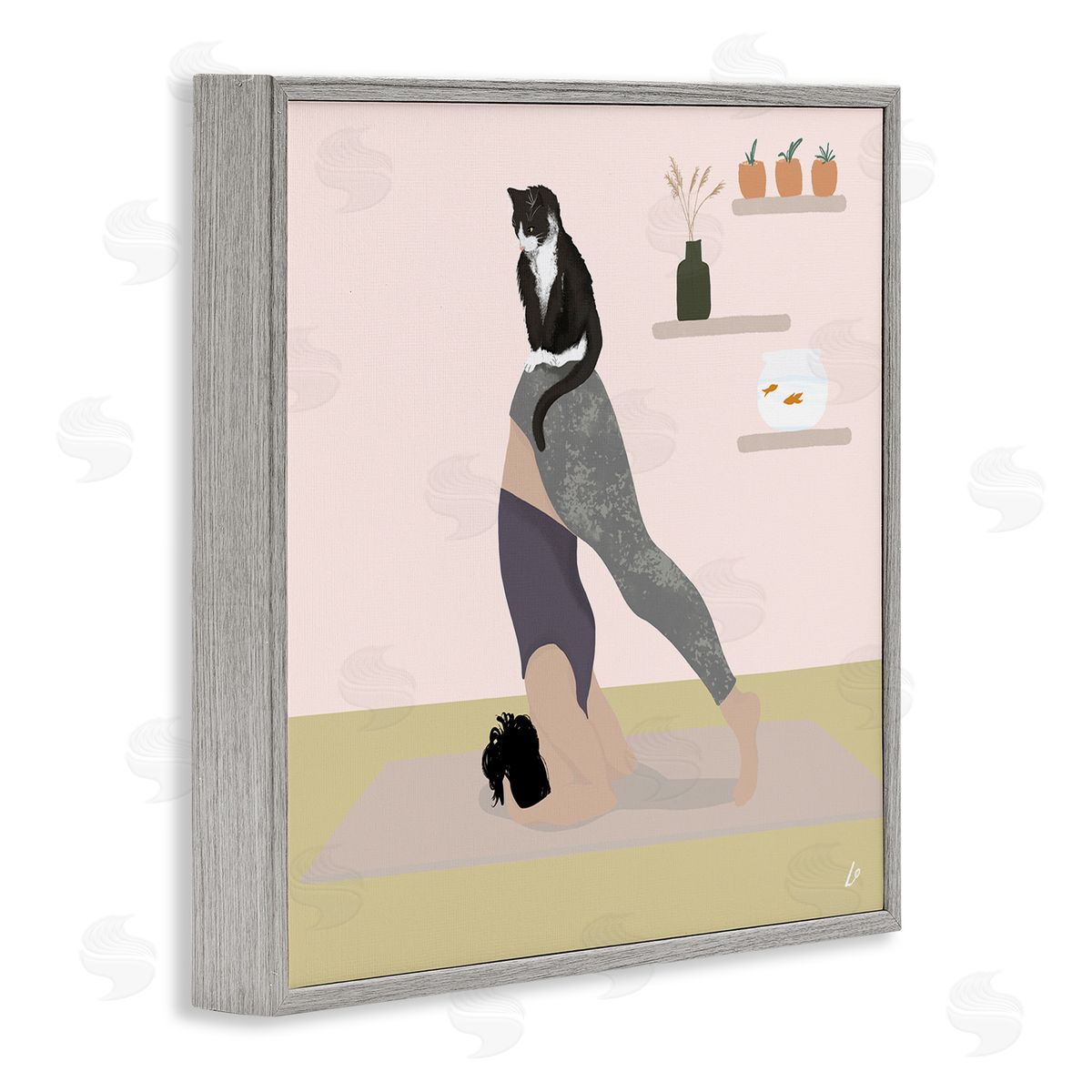 Downward Cat Yoga Pose Grey Frame Print Wall Art, Home Decor by Lydia Orange