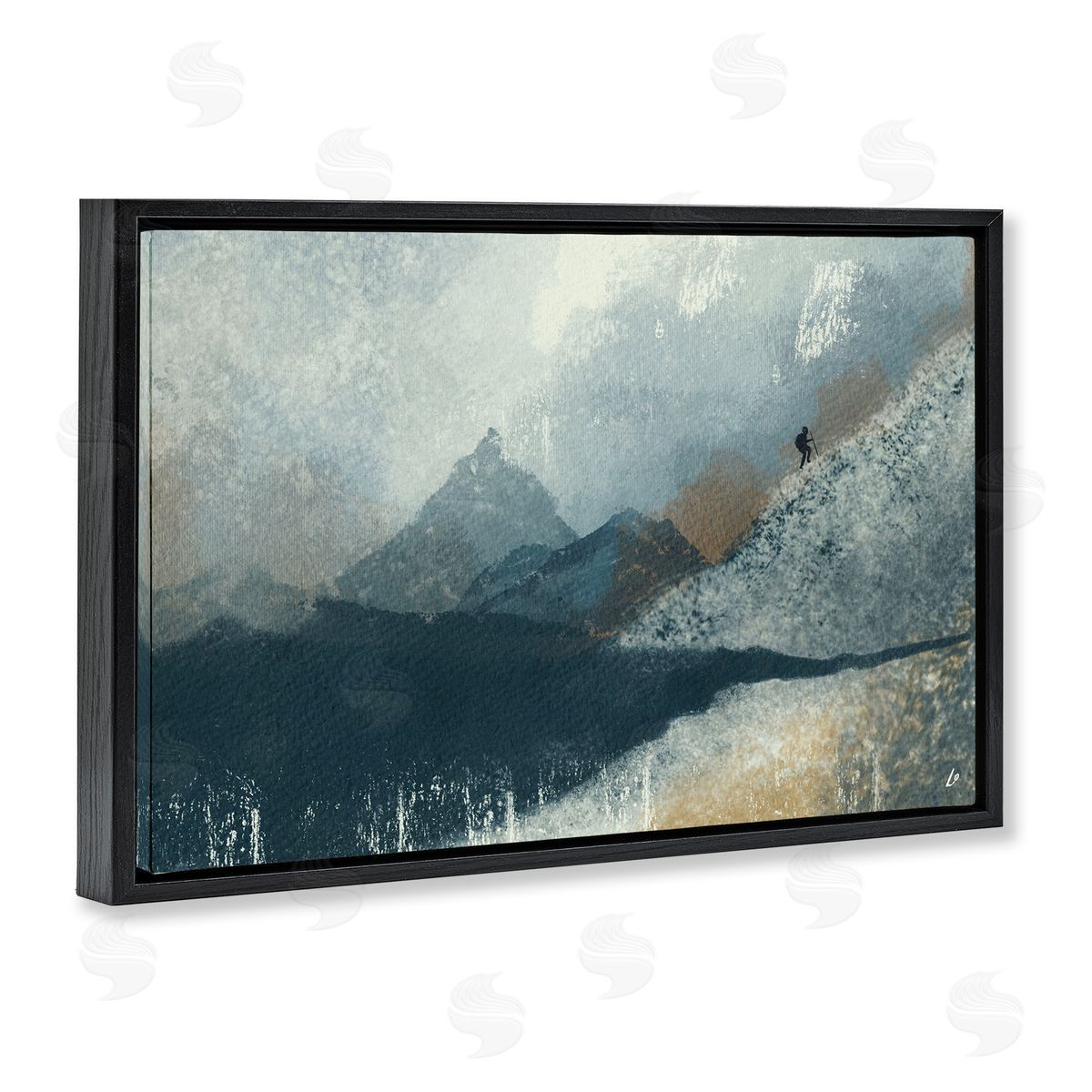 Intrepid Traveler in Mountains Black Floating Frame Canvas Wall Art, Home Decor by Lydia Orange