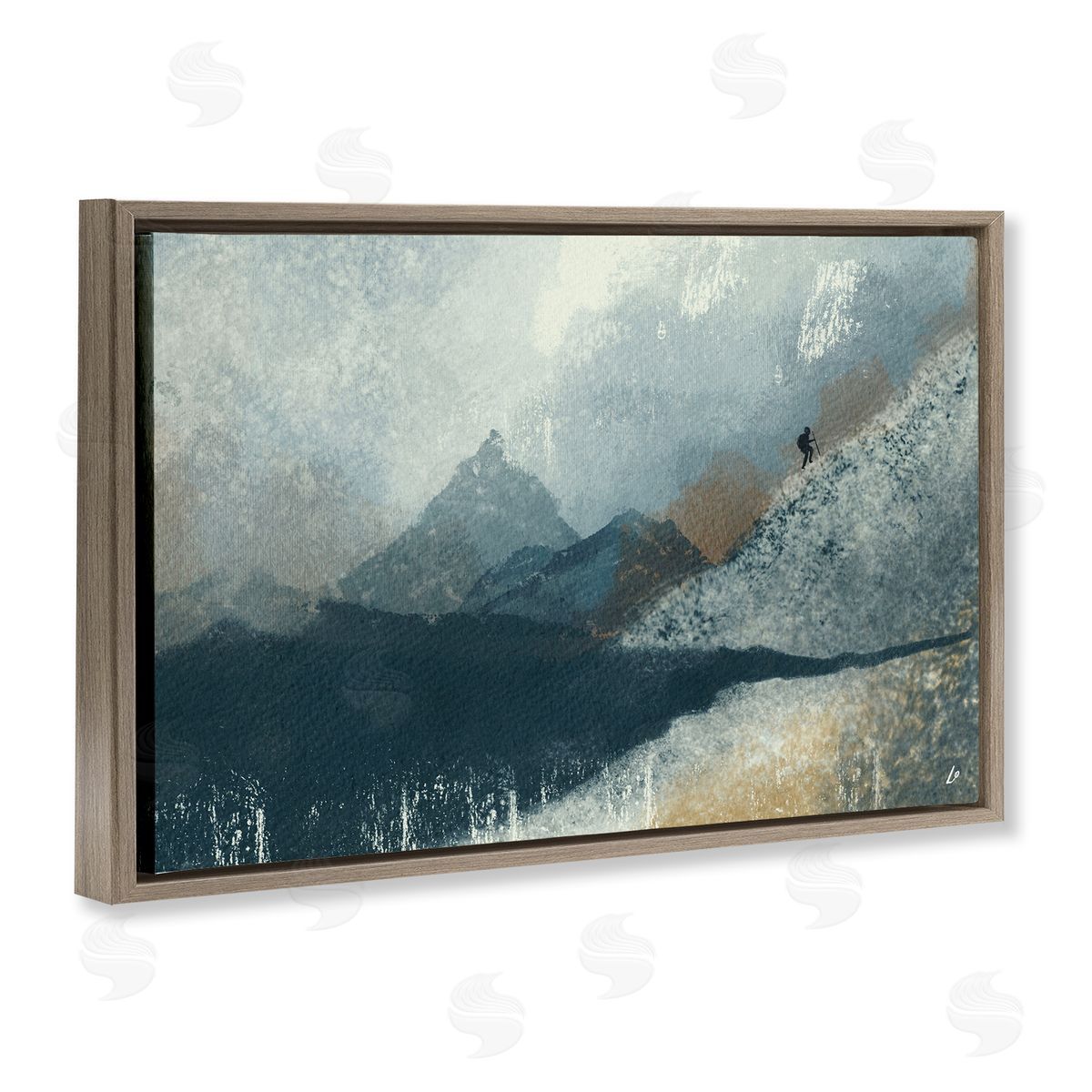 Intrepid Traveler in Mountains Brown Floating Frame Canvas Wall Art, Home Decor by Lydia Orange