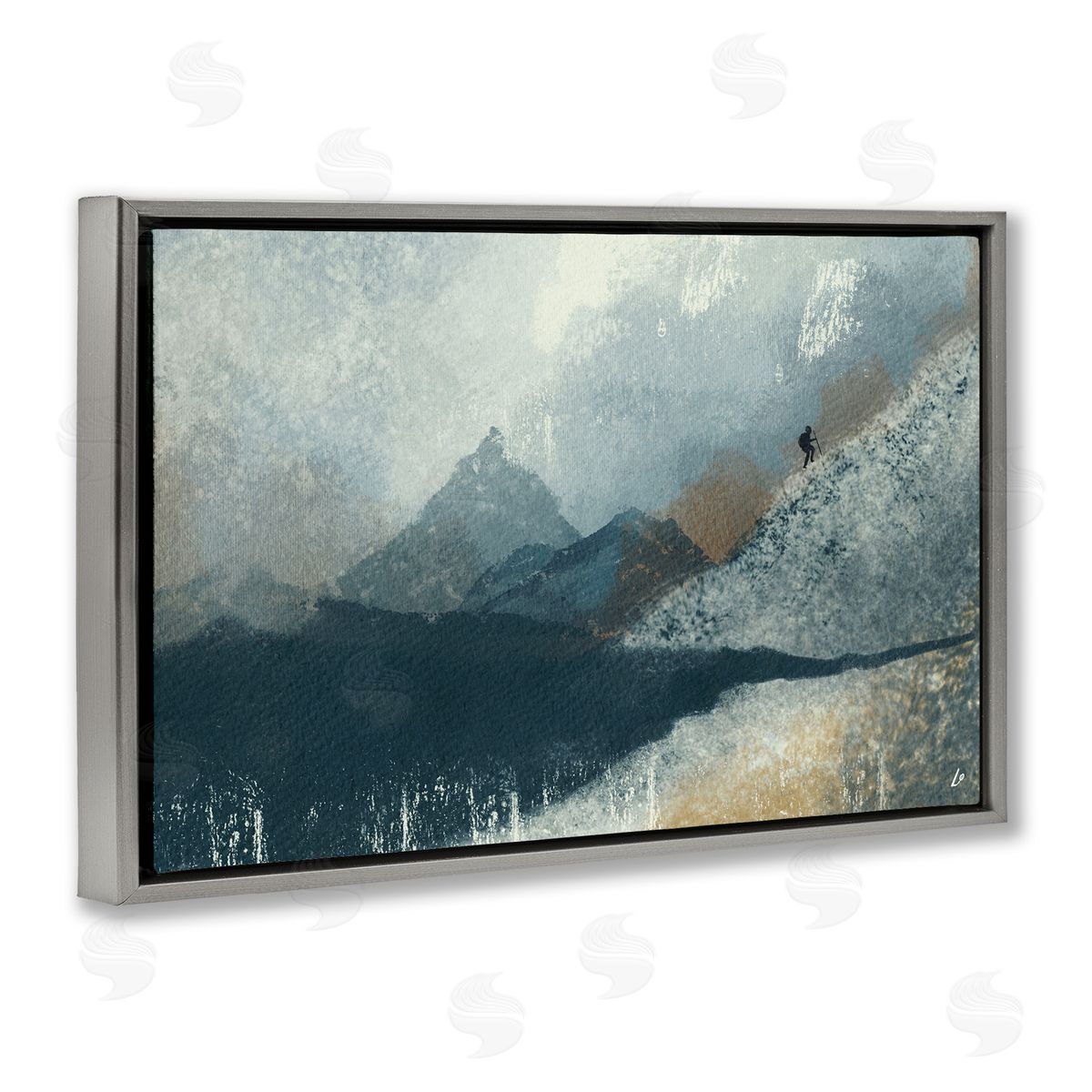 Intrepid Traveler in Mountains Grey Floating Frame Canvas Wall Art, Home Decor by Lydia Orange