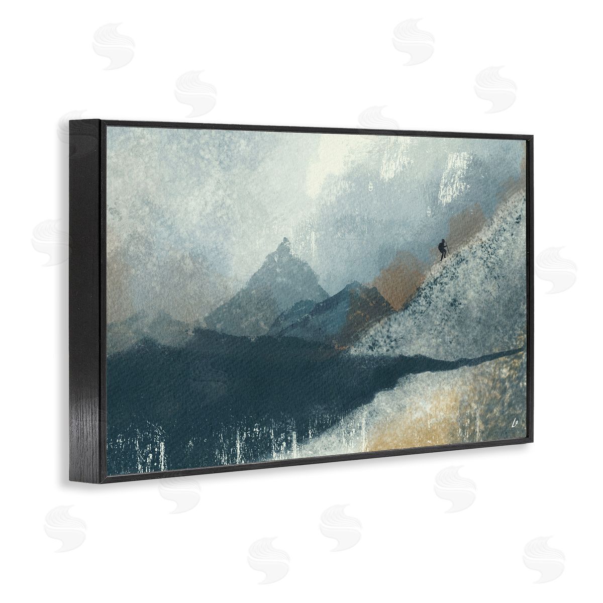 Intrepid Traveler in Mountains Black Frame Print Wall Art, Home Decor by Lydia Orange