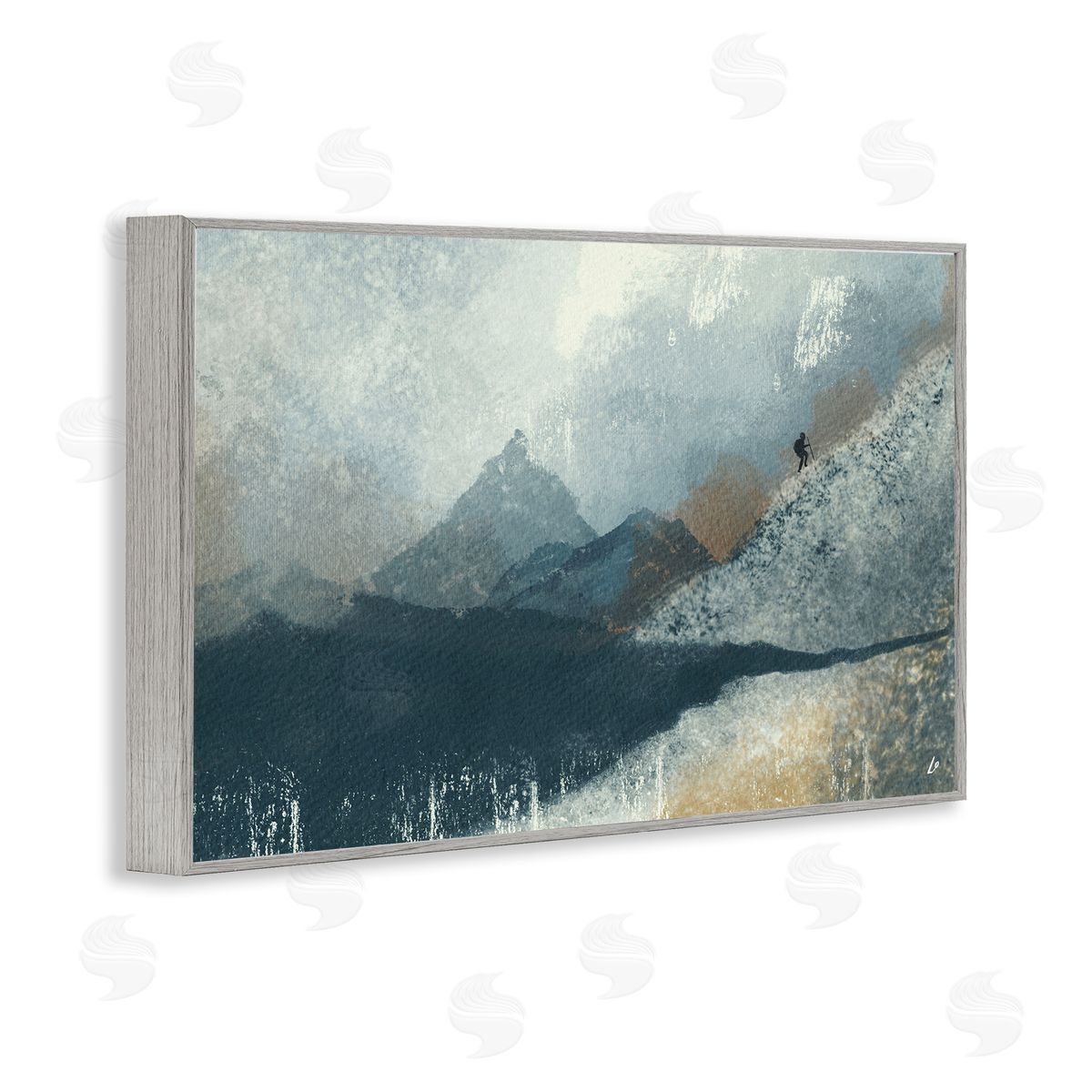 Intrepid Traveler in Mountains Grey Frame Print Wall Art, Home Decor by Lydia Orange
