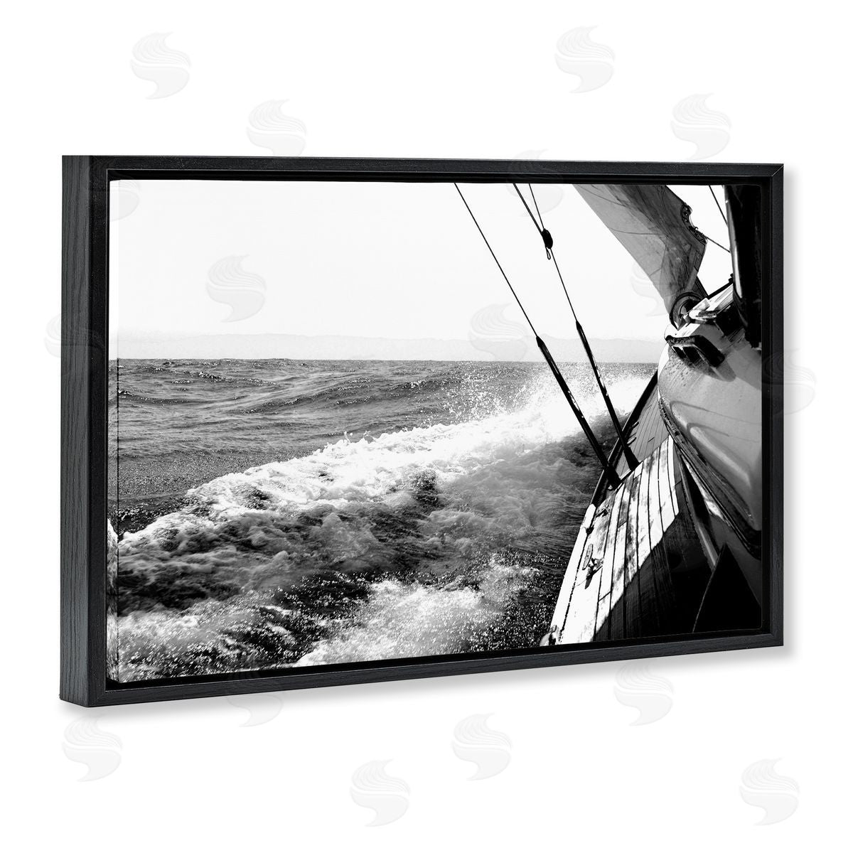 Boat & Splashing Wake Black Floating Frame Canvas Wall Art, Home Decor by Kyle