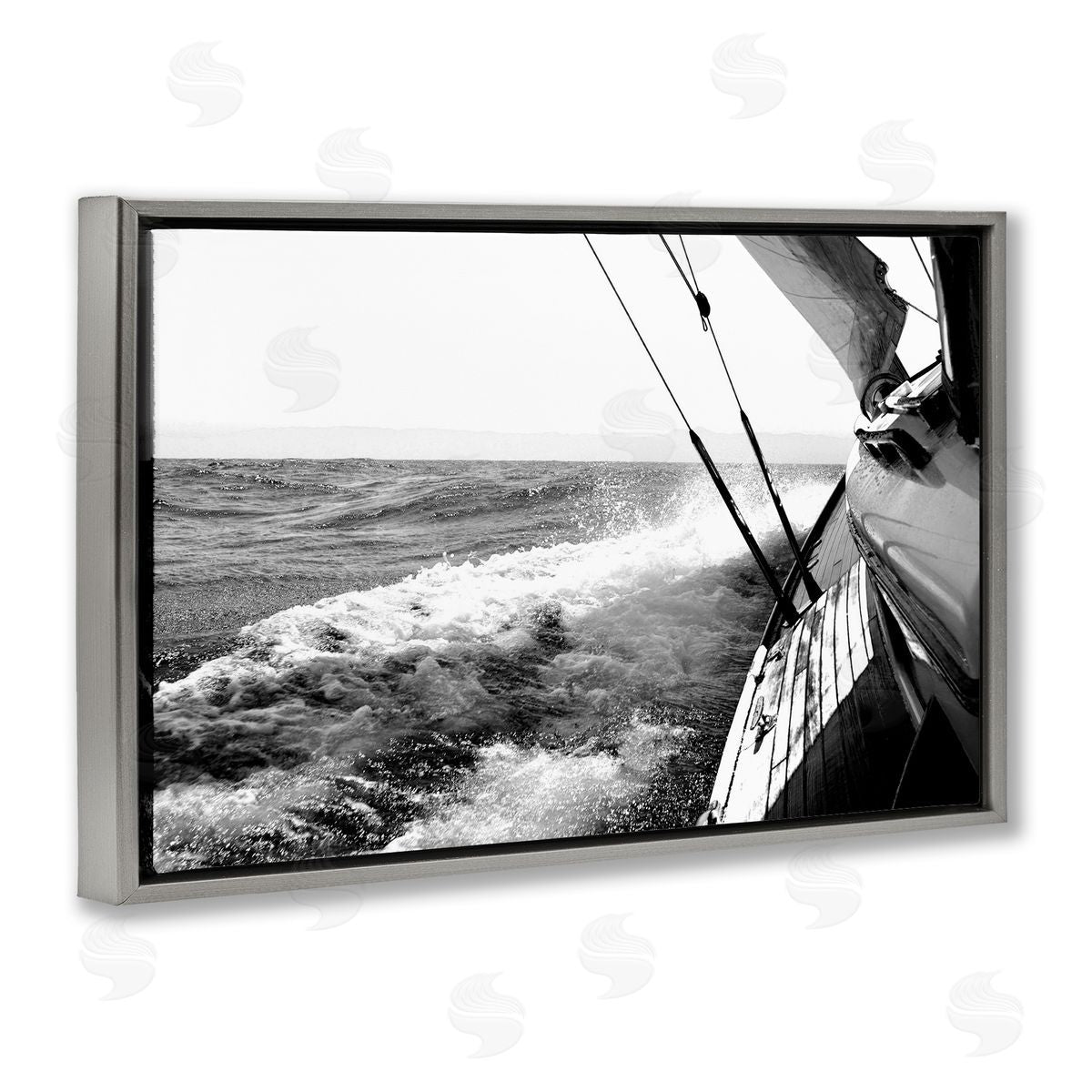 Boat & Splashing Wake Grey Floating Frame Canvas Wall Art, Home Decor by Kyle
