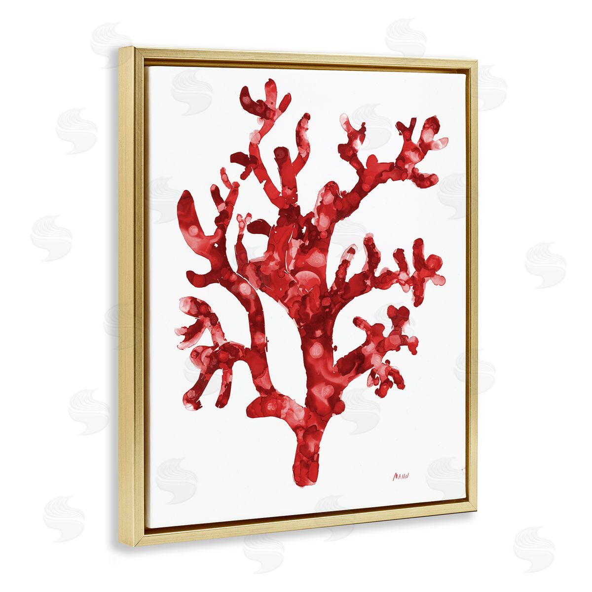 Red Coral Sprig Gold Floating Frame Canvas Wall Art, Home Decor by Patti Mann