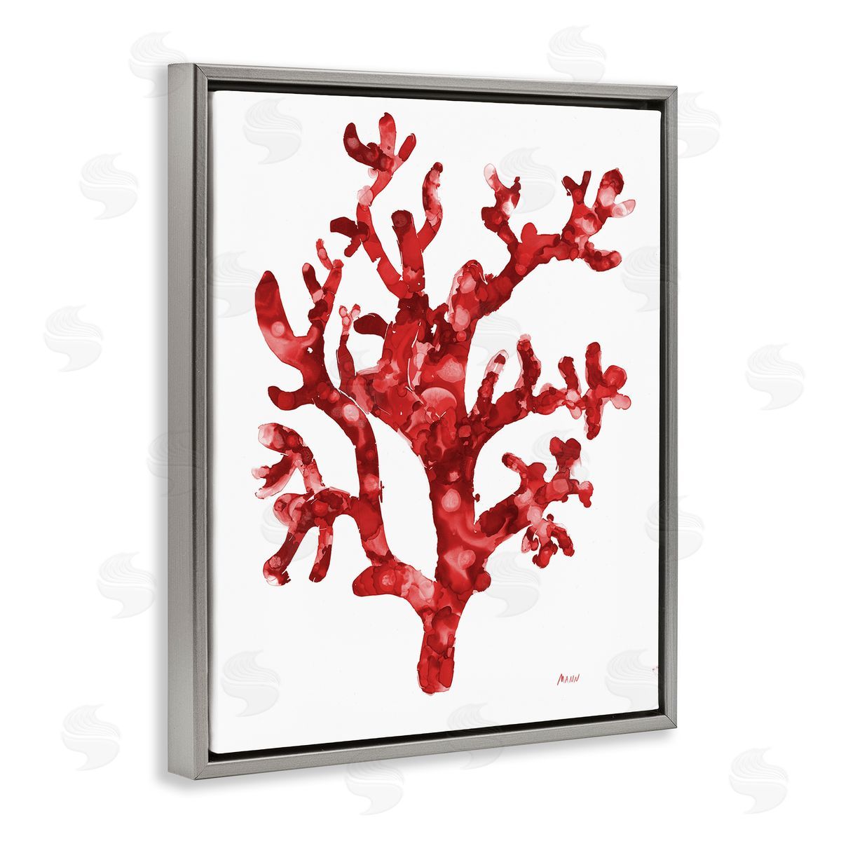 Red Coral Sprig Grey Floating Frame Canvas Wall Art, Home Decor by Patti Mann