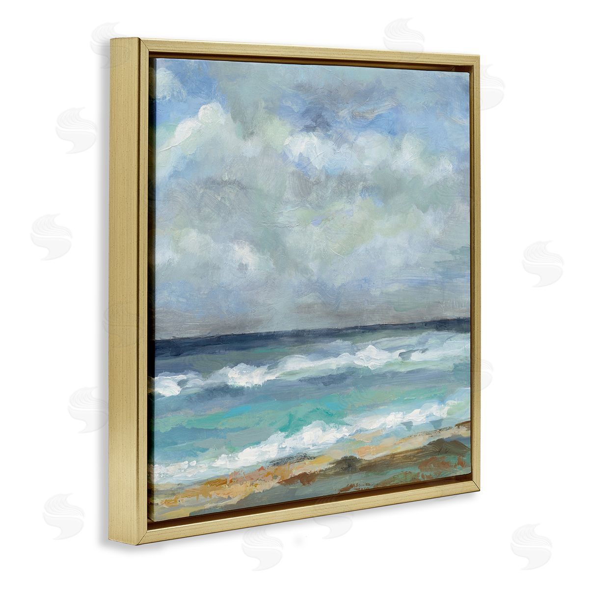 Summer Seashore Waves Gold Floating Frame Canvas Wall Art, Home Decor by Silvia Vassileva