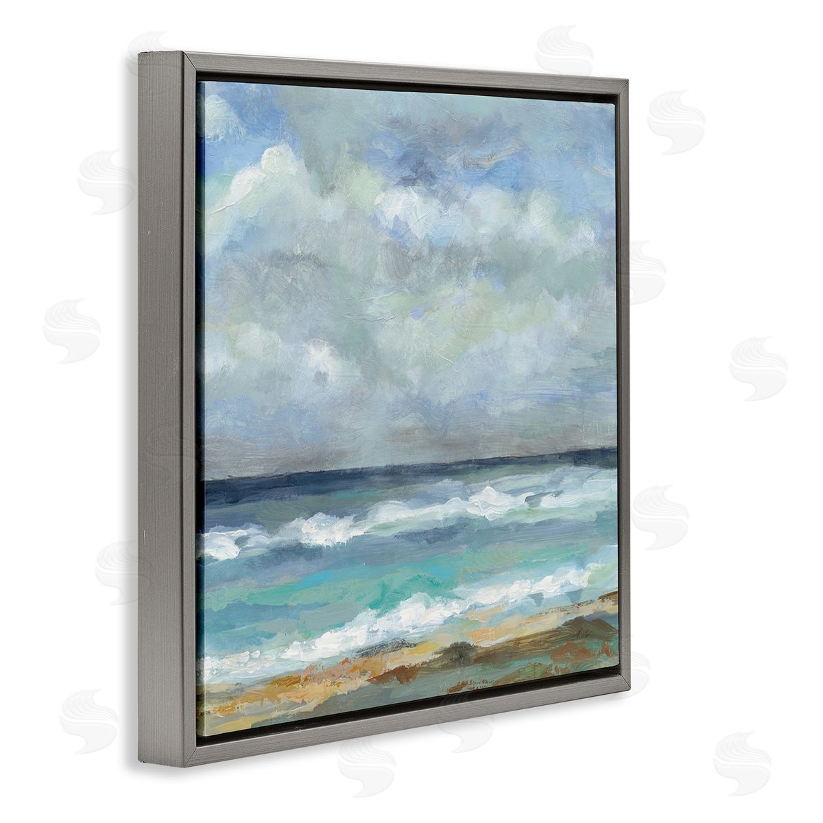 Summer Seashore Waves Grey Floating Frame Canvas Wall Art, Home Decor by Silvia Vassileva