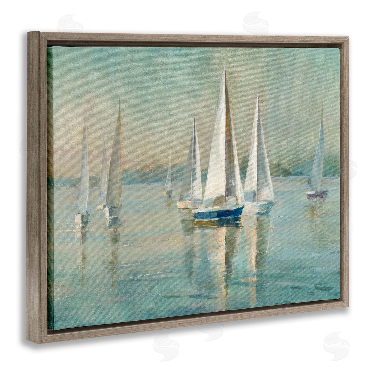 Sailboats at Sunrise Brown Floating Frame Canvas Wall Art, Home Decor by Danhui Nai