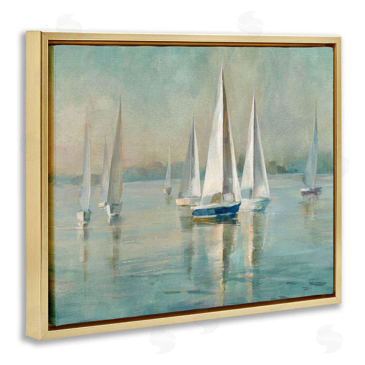 Sailboats at Sunrise Gold Floating Frame Canvas Wall Art, Home Decor by Danhui Nai