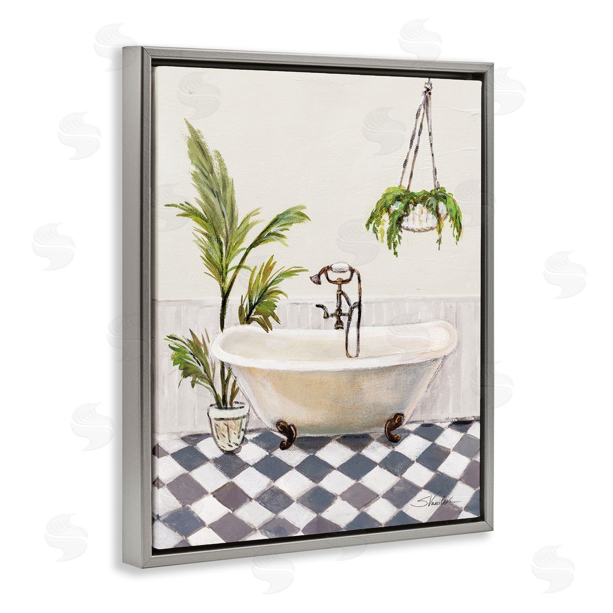 Crisp Cottage Bathroom Grey Floating Frame Canvas Wall Art, Home Decor by Silvia Vassileva