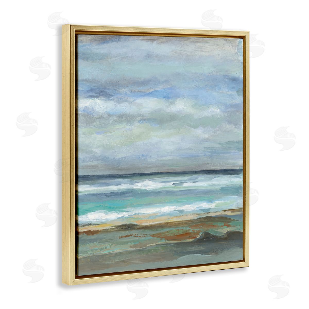 Traditional Cloudy Seashore Gold Floating Frame Canvas Wall Art, Home Decor by Silvia Vassileva