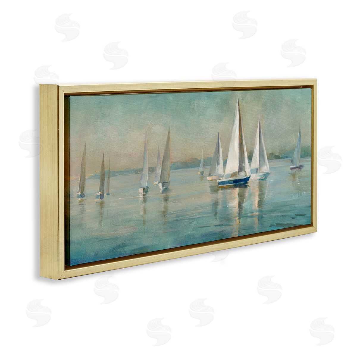 Panoramic Sailing at Sunrise Gold Floating Frame Canvas Wall Art, Home Decor by Danhui Nai