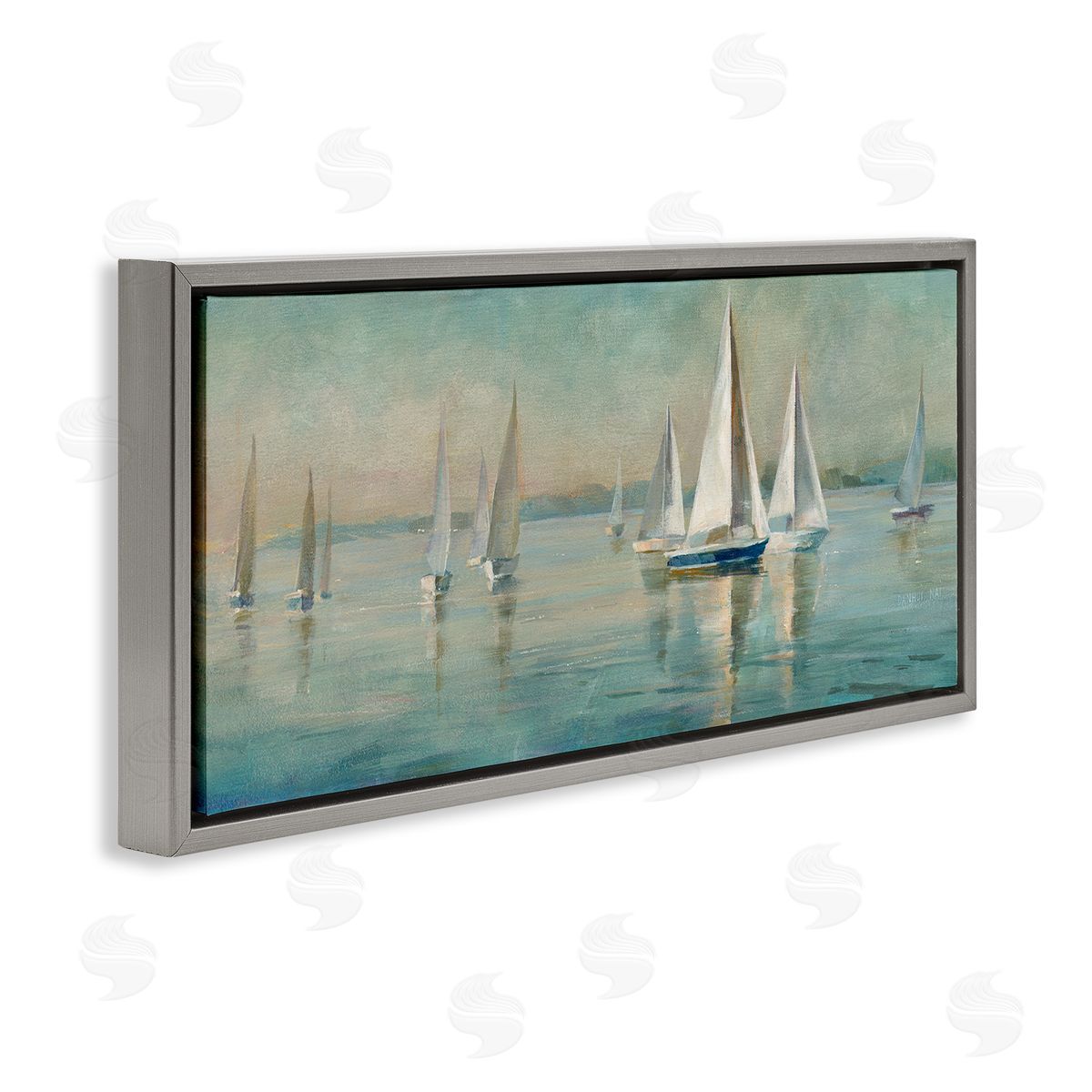 Panoramic Sailing at Sunrise Grey Floating Frame Canvas Wall Art, Home Decor by Danhui Nai