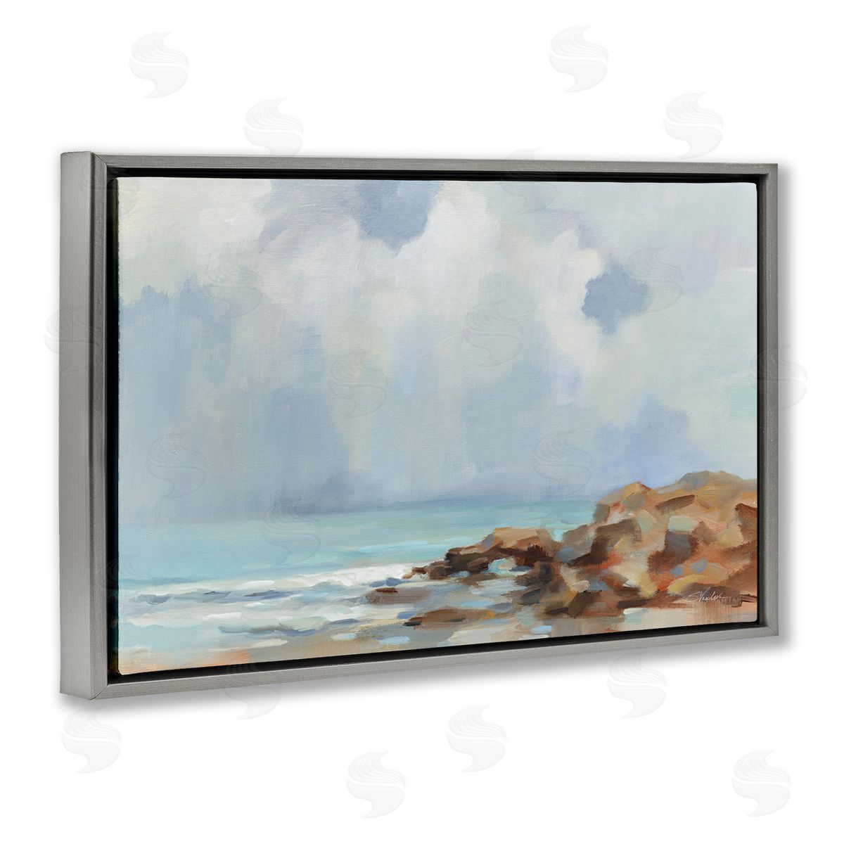 Morning at Stone Beach Grey Floating Frame Canvas Wall Art, Home Decor by Silvia Vassileva