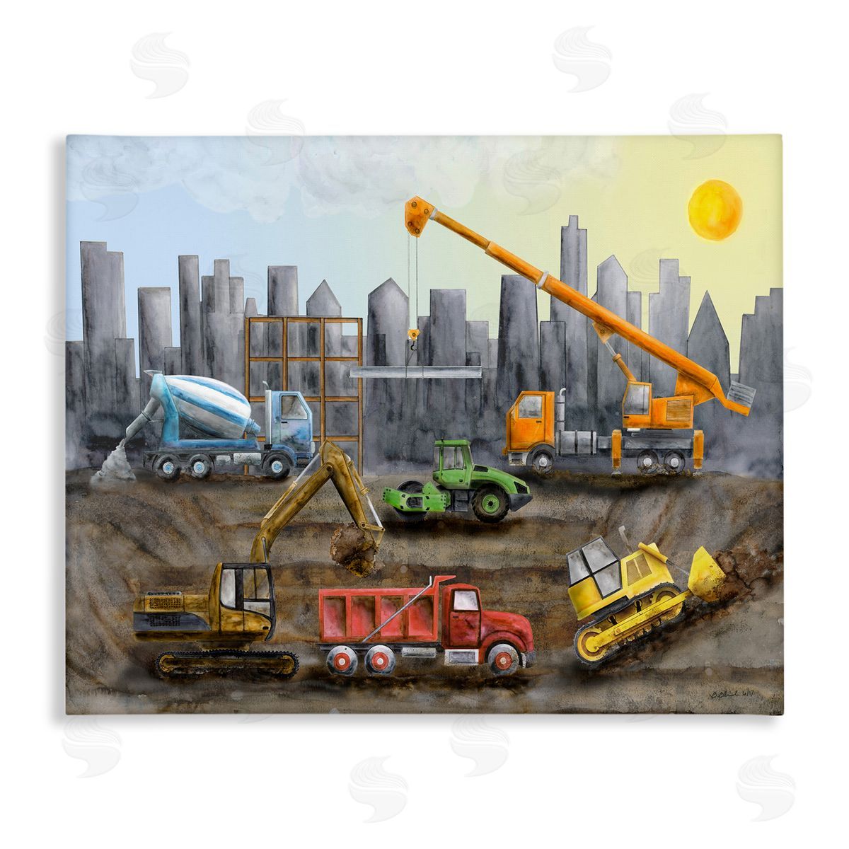 Construction Trucks Skyline Canvas Wall Art, Home Decor by Brett Blumenthal