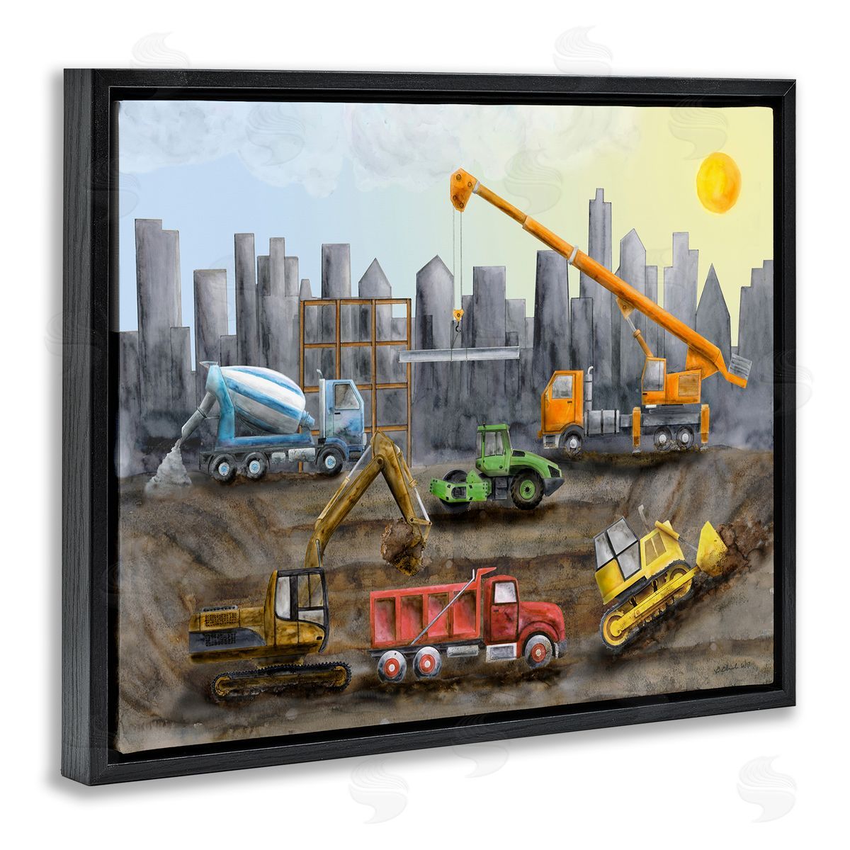 Construction Trucks Skyline Black Floating Frame Canvas Wall Art, Home Decor by Brett Blumenthal