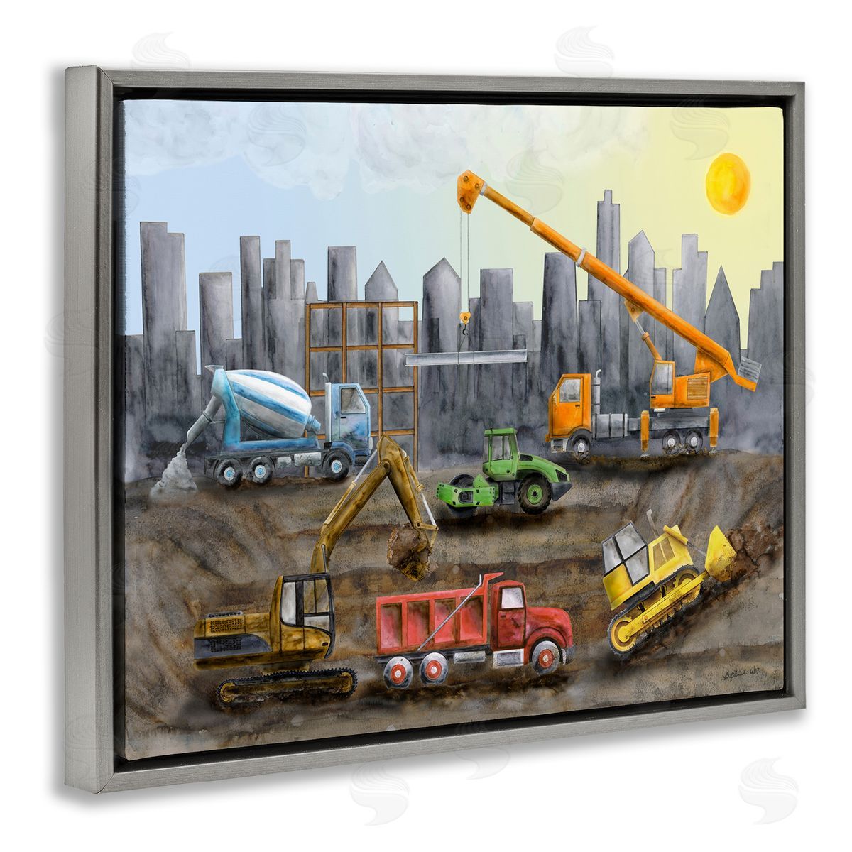 Construction Trucks Skyline Grey Floating Frame Canvas Wall Art, Home Decor by Brett Blumenthal