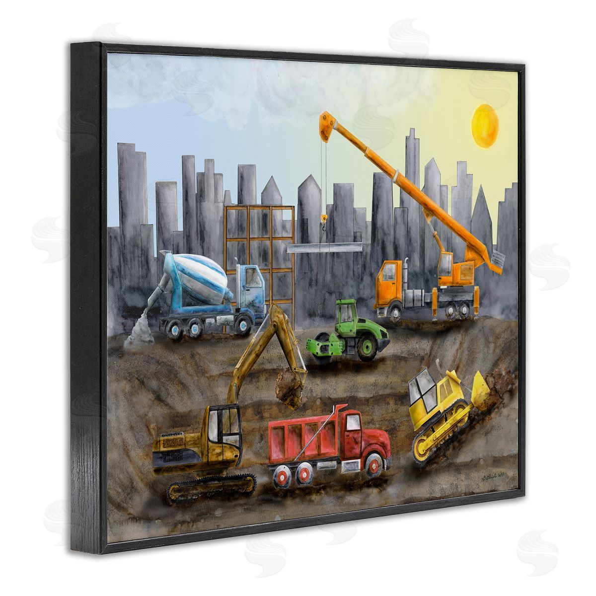 Construction Trucks Skyline Black Frame Print Wall Art, Home Decor by Brett Blumenthal