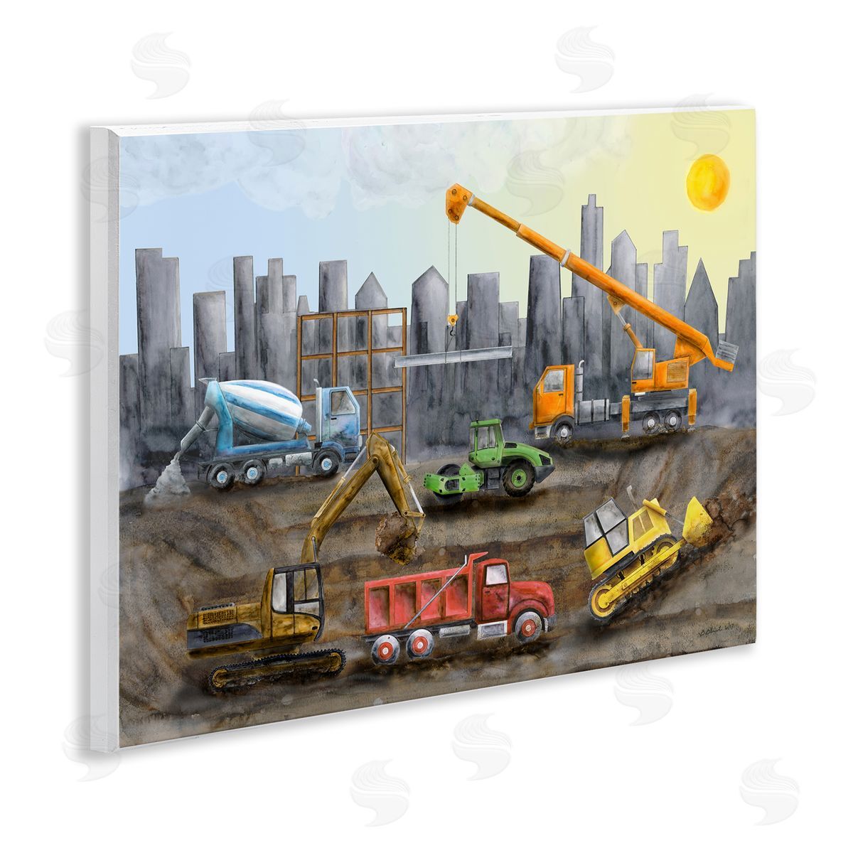 Construction Trucks Skyline Wood Plaque Wall Art, Home Decor by Brett Blumenthal
