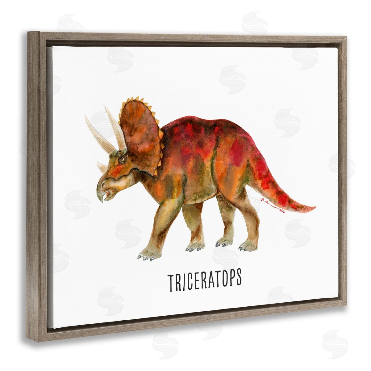 Triceratops Dinosaur Learning Brown Floating Frame Canvas Wall Art, Home Decor by Brett Blumenthal