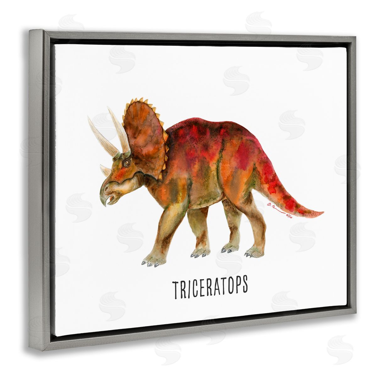 Triceratops Dinosaur Learning Grey Floating Frame Canvas Wall Art, Home Decor by Brett Blumenthal