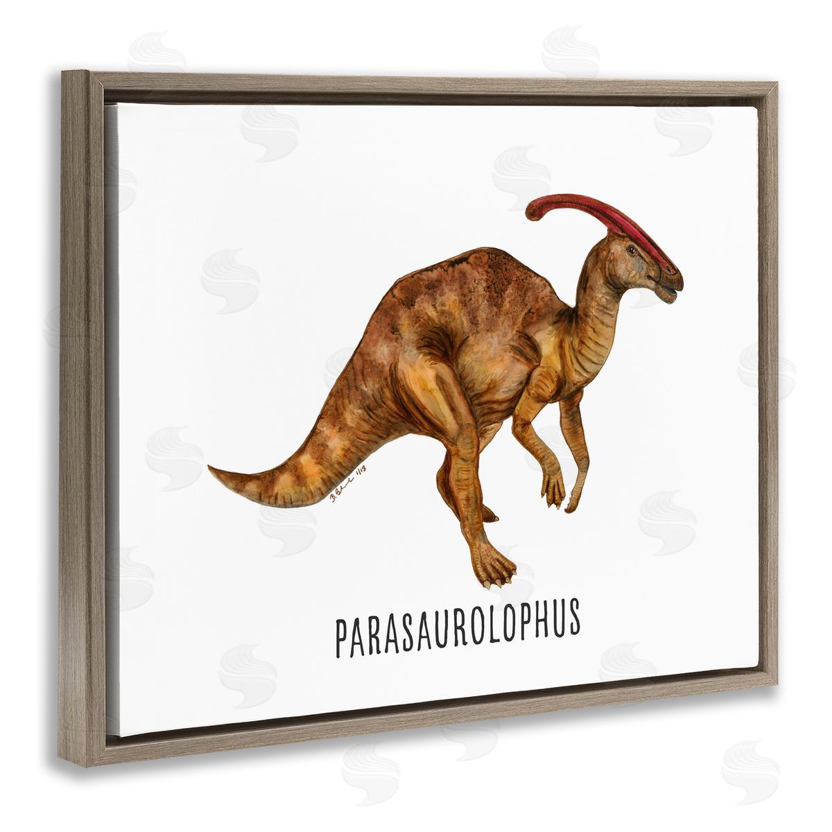 Parasaurolophus Dinosaur Learning Brown Floating Frame Canvas Wall Art, Home Decor by Brett Blumenthal