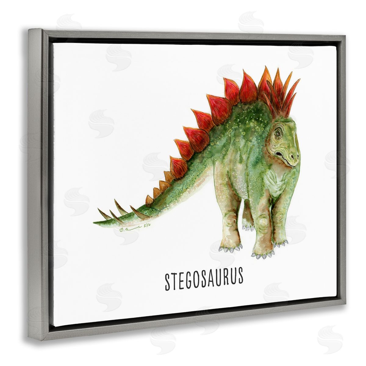 Stegosaurus Dinosaur Learning Grey Floating Frame Canvas Wall Art, Home Decor by Brett Blumenthal
