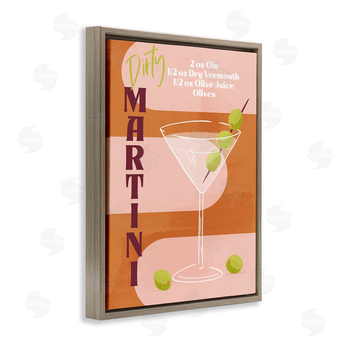 Retro Dirty Martini Recipe Brown Floating Frame Canvas Wall Art, Home Decor by Deane Beesley