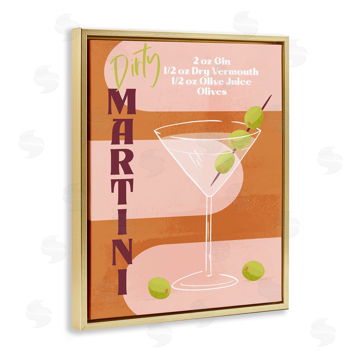 Retro Dirty Martini Recipe Gold Floating Frame Canvas Wall Art, Home Decor by Deane Beesley