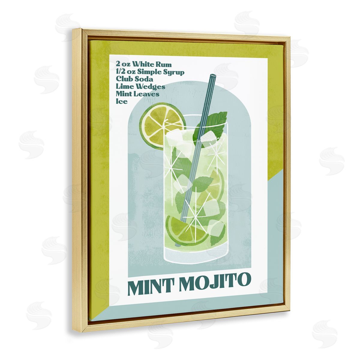 Retro Mint Mojito Recipe Gold Floating Frame Canvas Wall Art, Home Decor by Deane Beesley