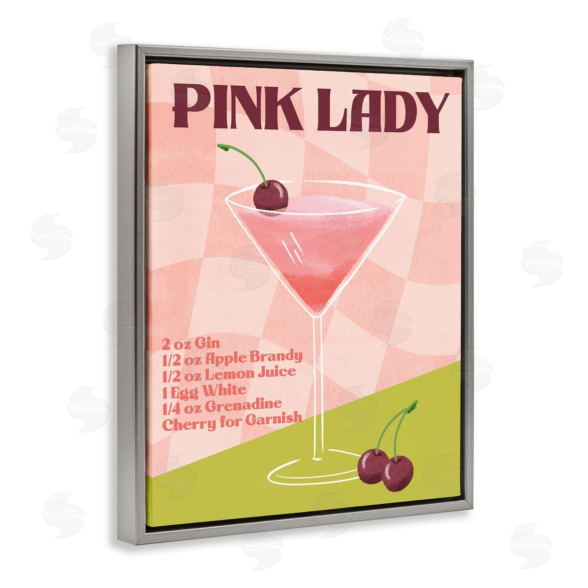 Retro Pink Lady Recipe Grey Floating Frame Canvas Wall Art, Home Decor by Deane Beesley