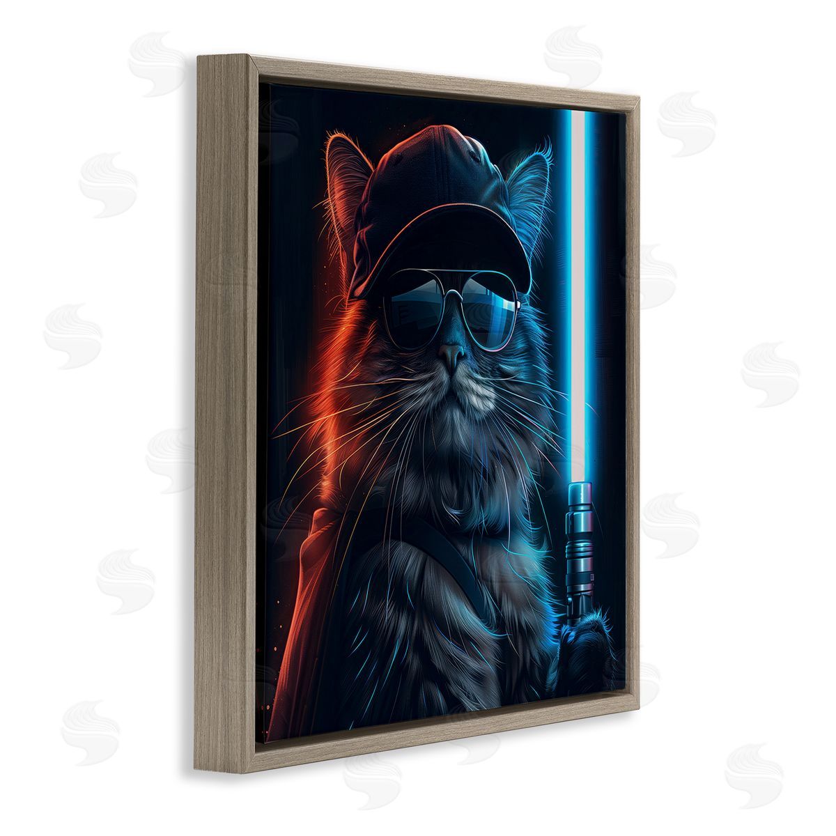 Sci-Fi Cat with Glowing Saber Brown Floating Frame Canvas Wall Art, Home Decor by Jim Baldwin