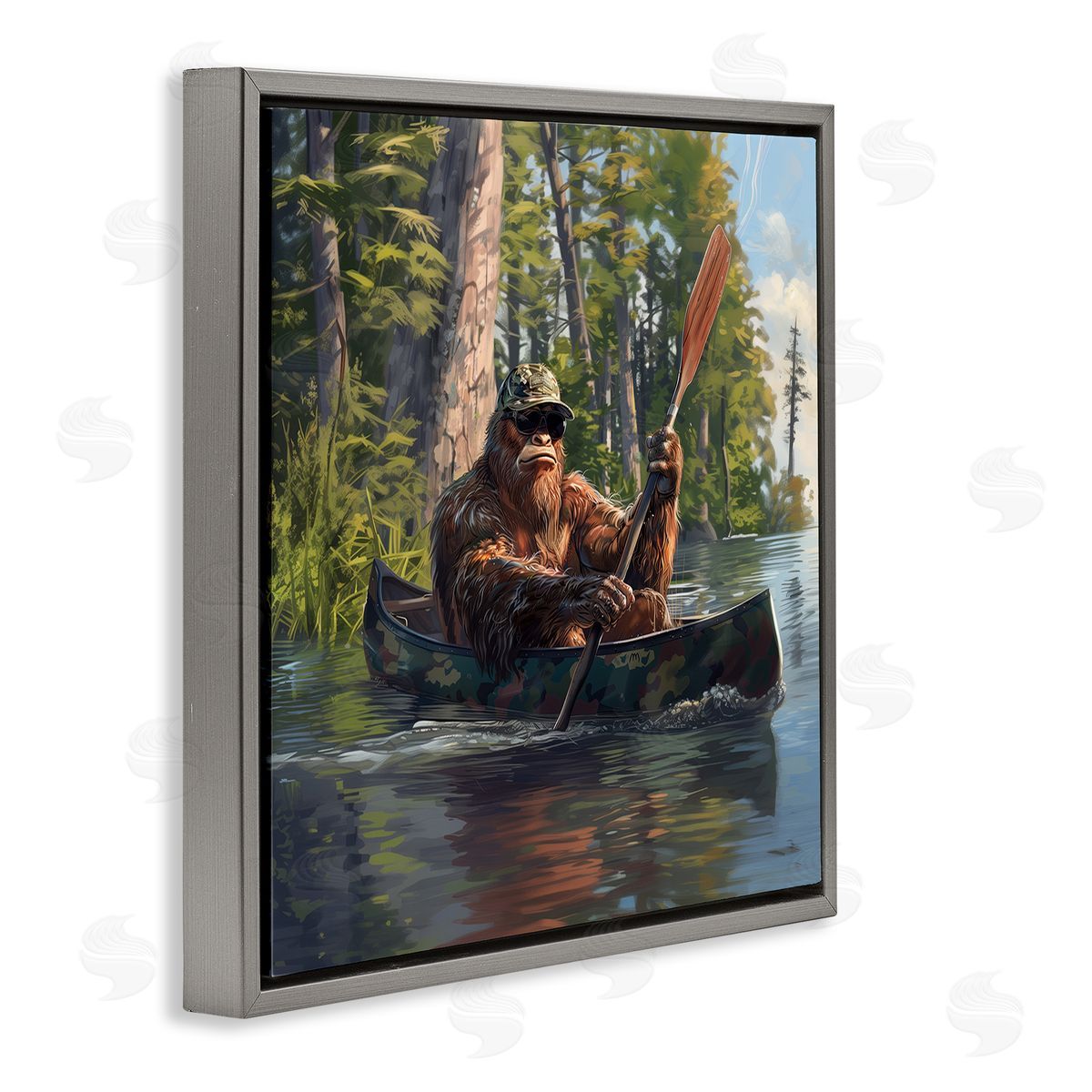 Mythical Monster in Canoe Grey Floating Frame Canvas Wall Art, Home Decor by Jim Baldwin
