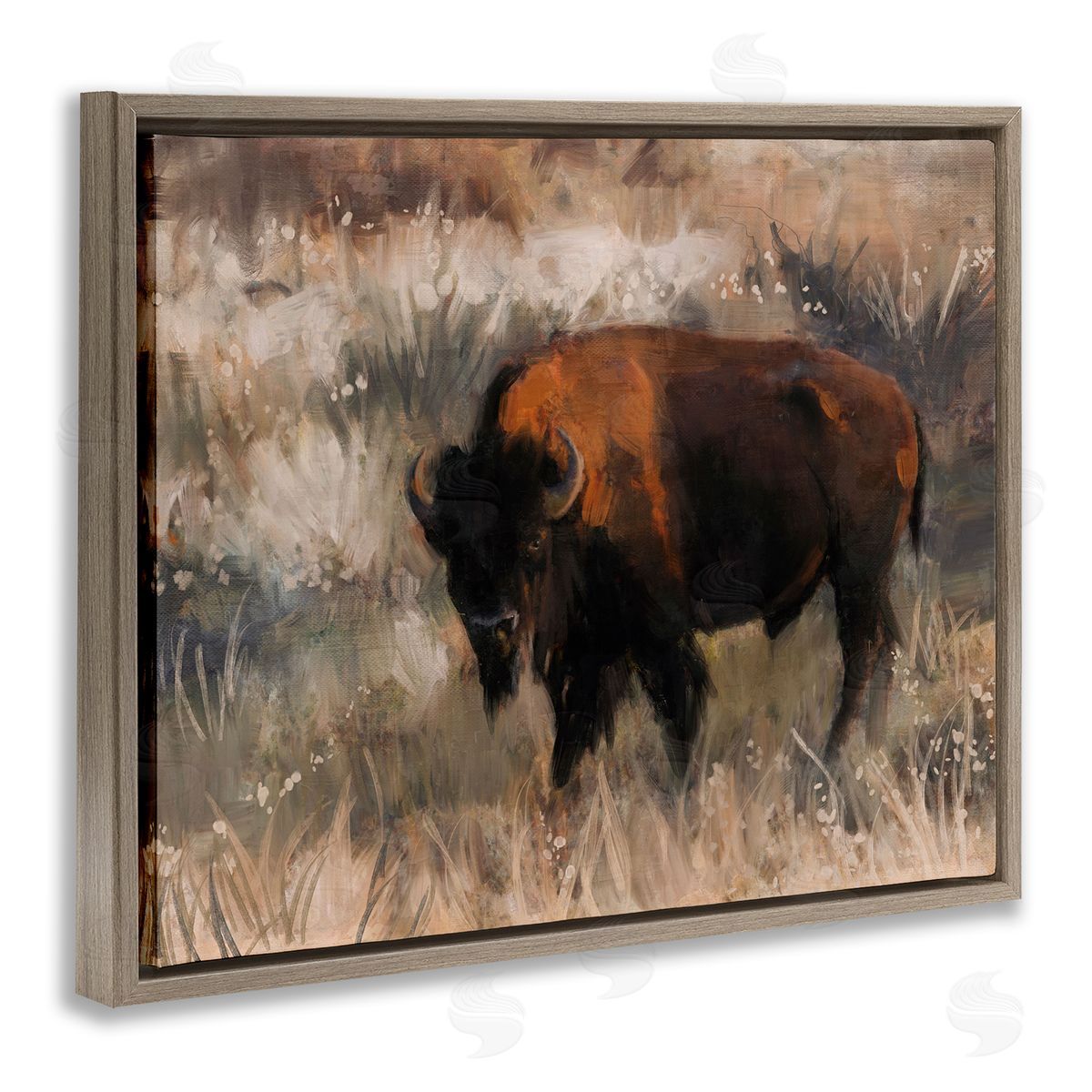 Bison on the Range Brown Floating Frame Canvas Wall Art, Home Decor by Nina Blue