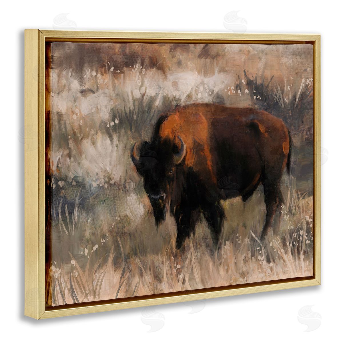 Bison on the Range Gold Floating Frame Canvas Wall Art, Home Decor by Nina Blue