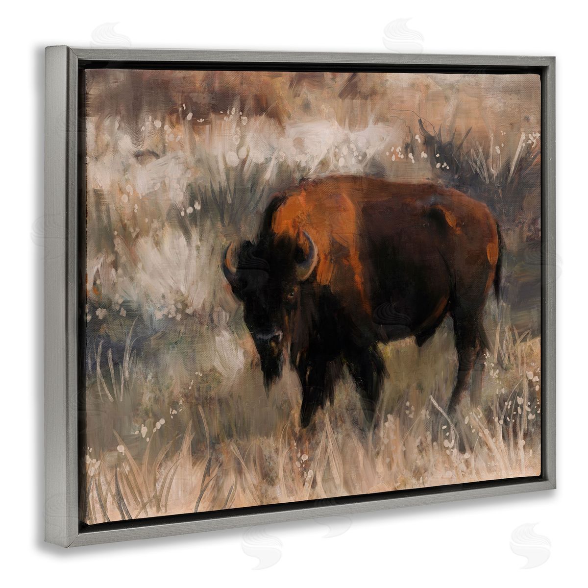 Bison on the Range Grey Floating Frame Canvas Wall Art, Home Decor by Nina Blue