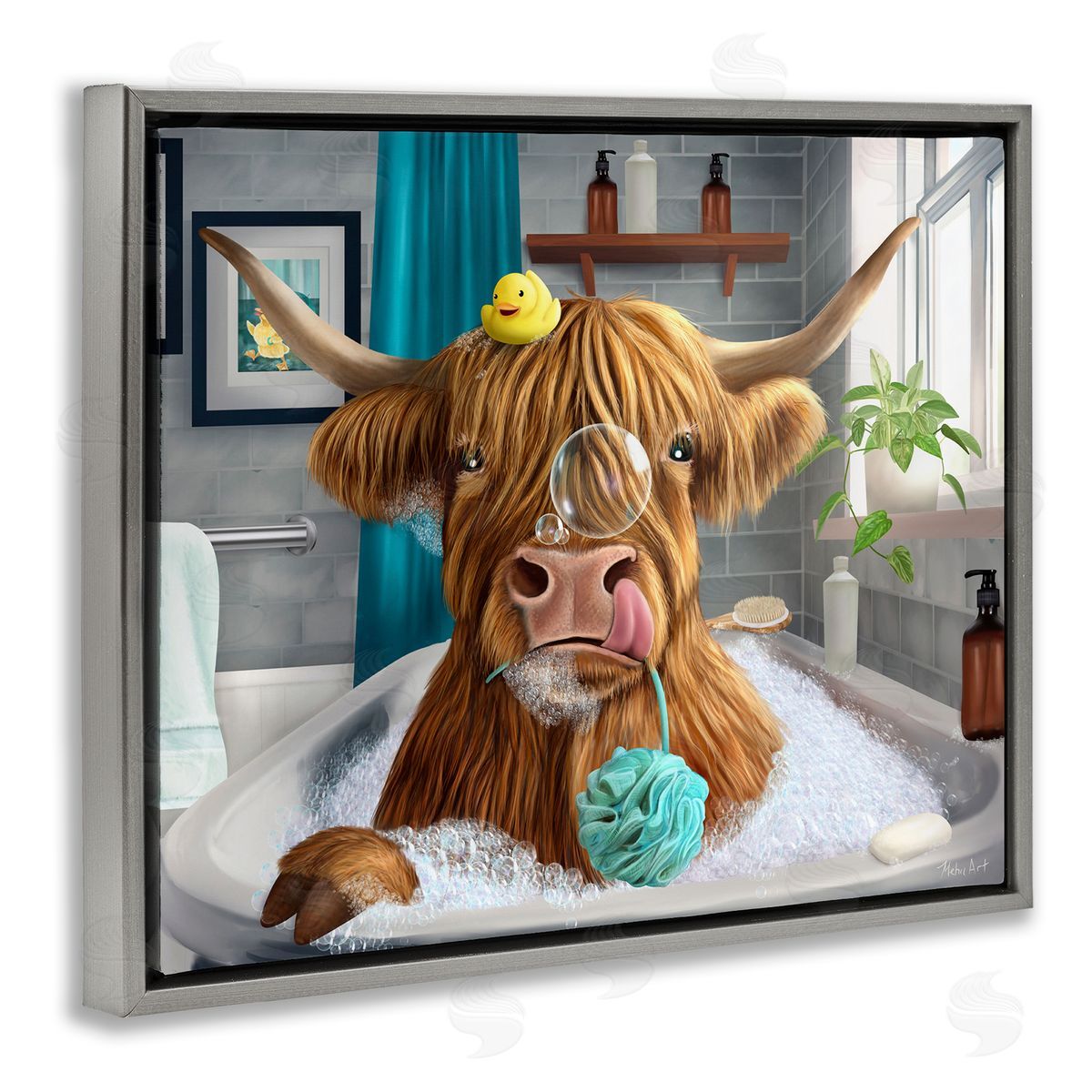 Highland Cow Bubble Bath Grey Floating Frame Canvas Wall Art, Home Decor by Mehu Art